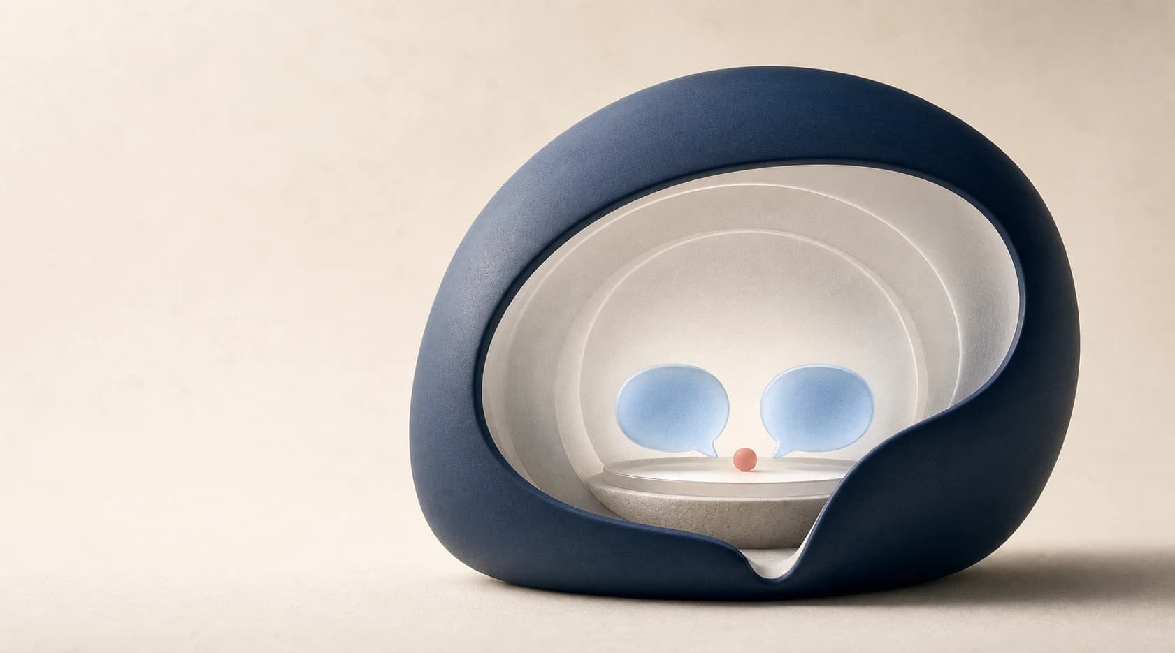 Two conversation forms protected inside nested frosted glass and a deep-blue shell