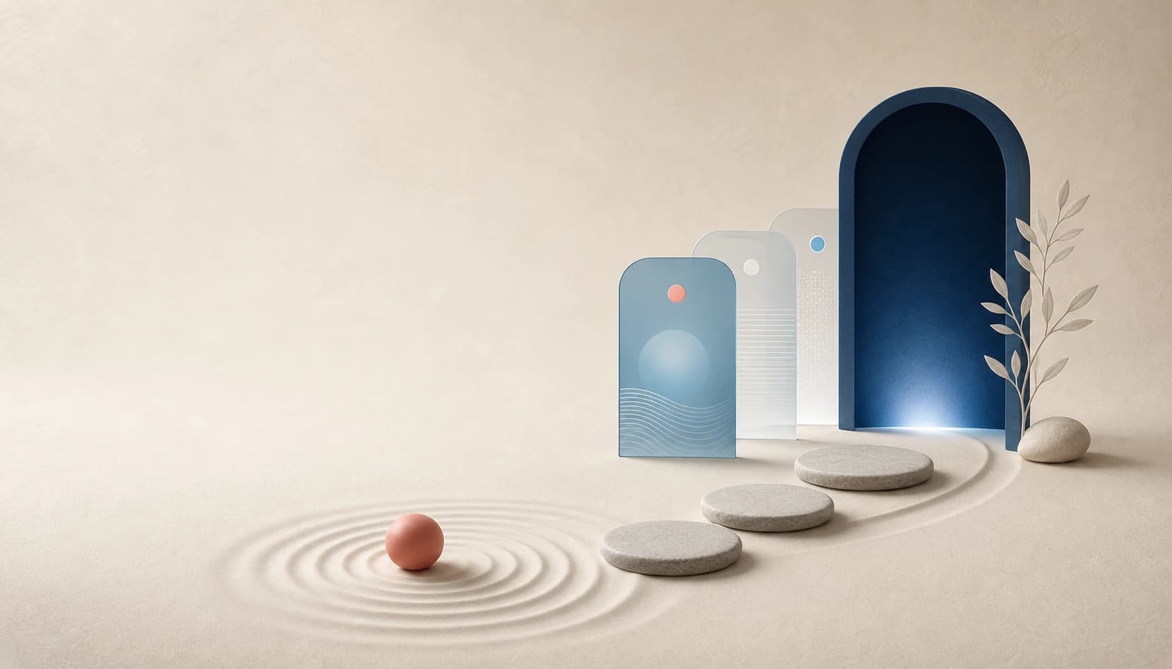 Coral sphere creating ripples beside stepping stones leading to a glowing blue arch