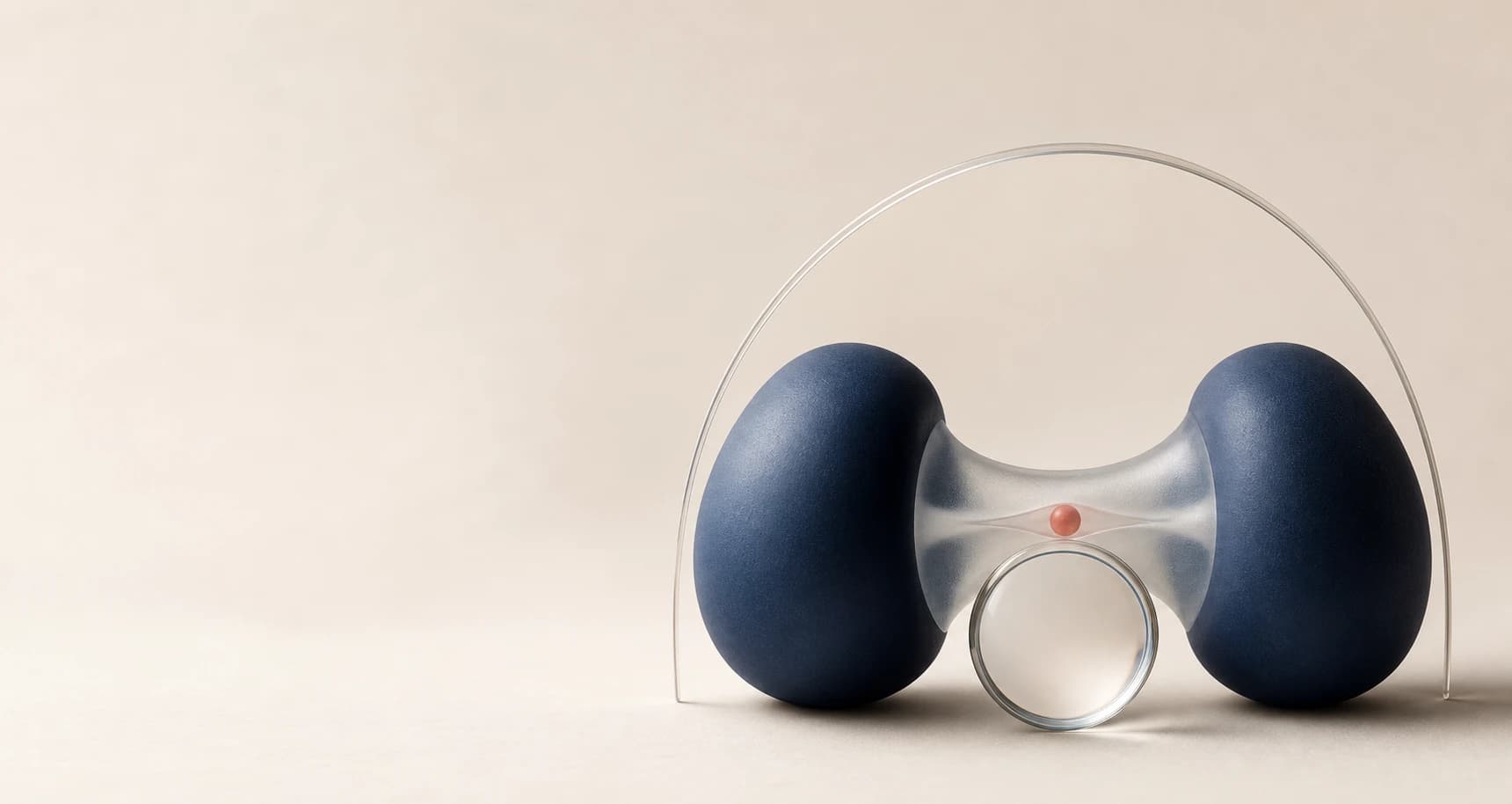 Two blue forms connected by a translucent bridge, with a lens revealing a coral sphere