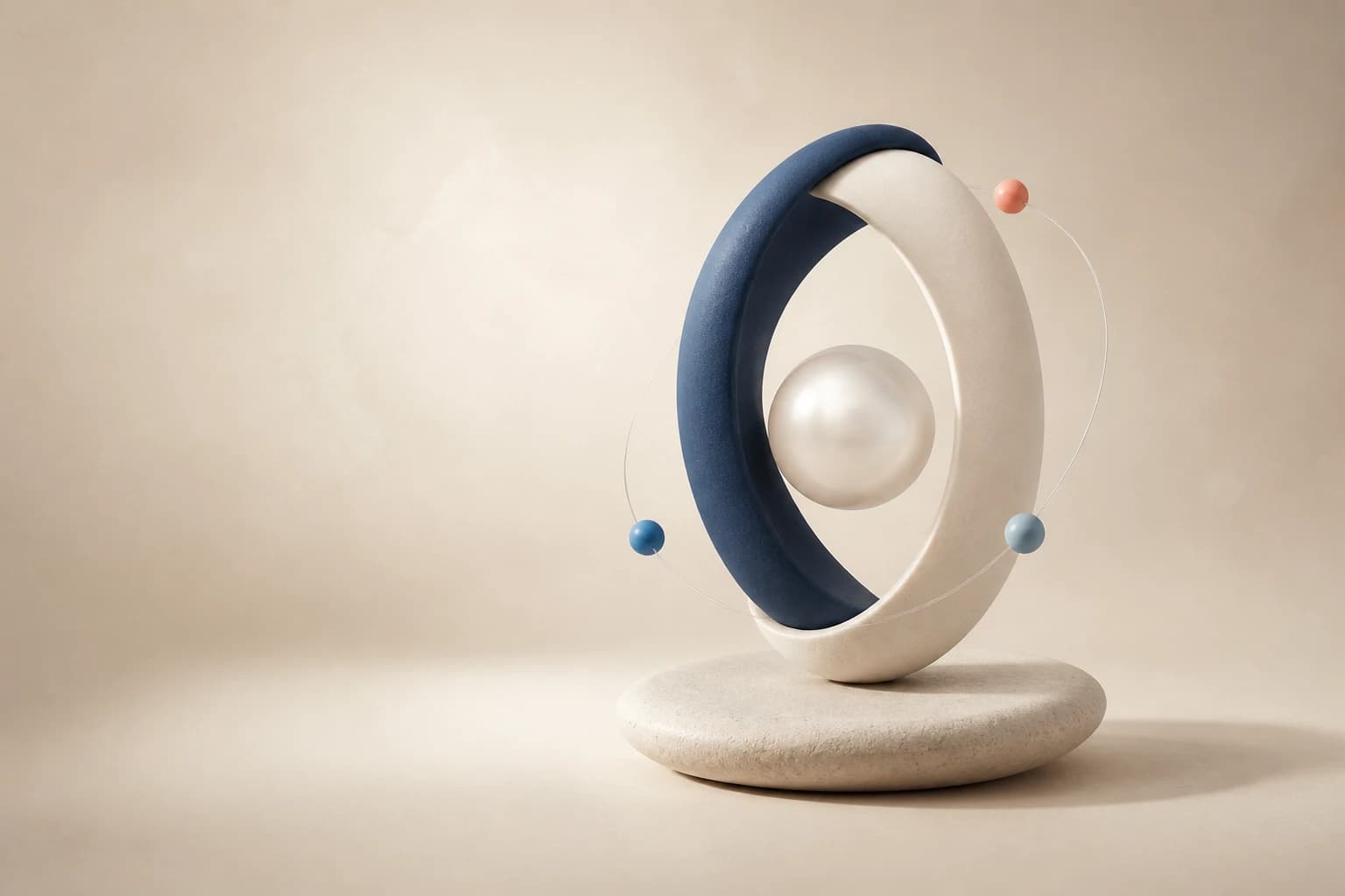 Balanced pearl held within interlocking forms, with three small orbiting spheres