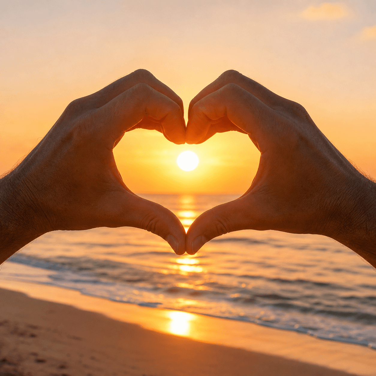 Hands forming a heart around the sunset