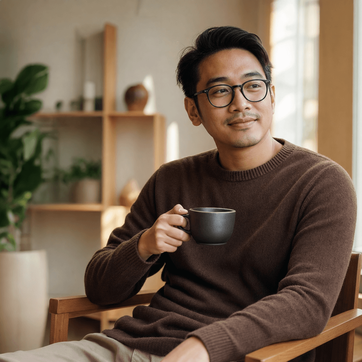 Adult wearing glasses and a brown sweater holding a cup