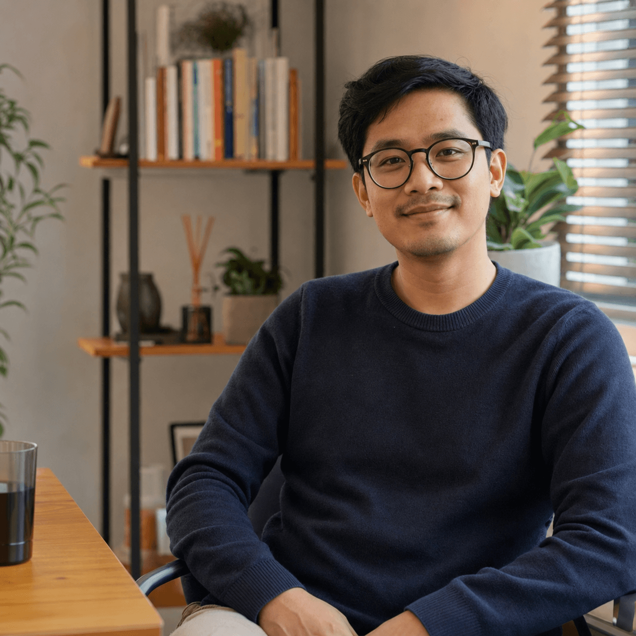 Adult wearing glasses in a warm indoor setting