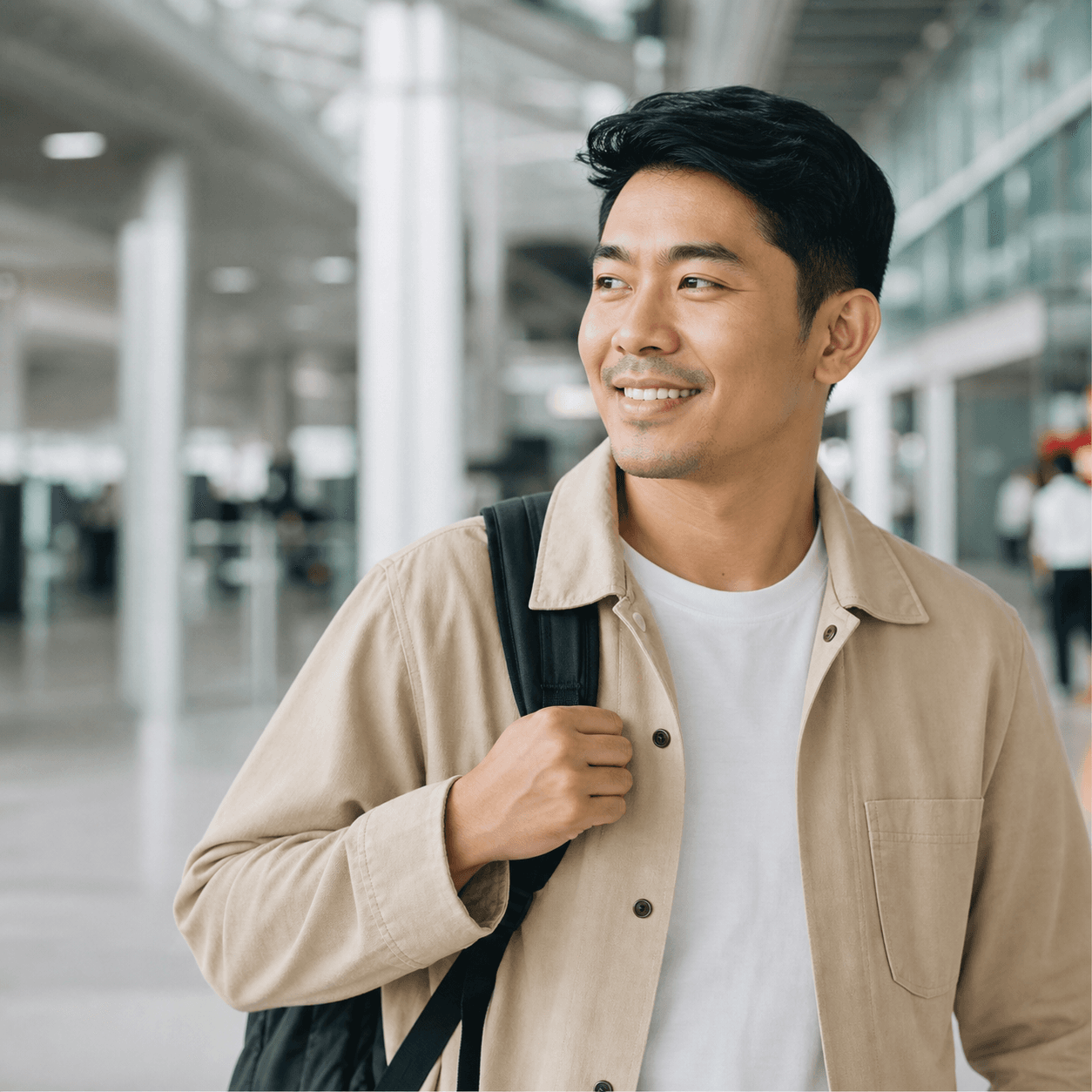 Adult traveller carrying a backpack in a modern transit setting