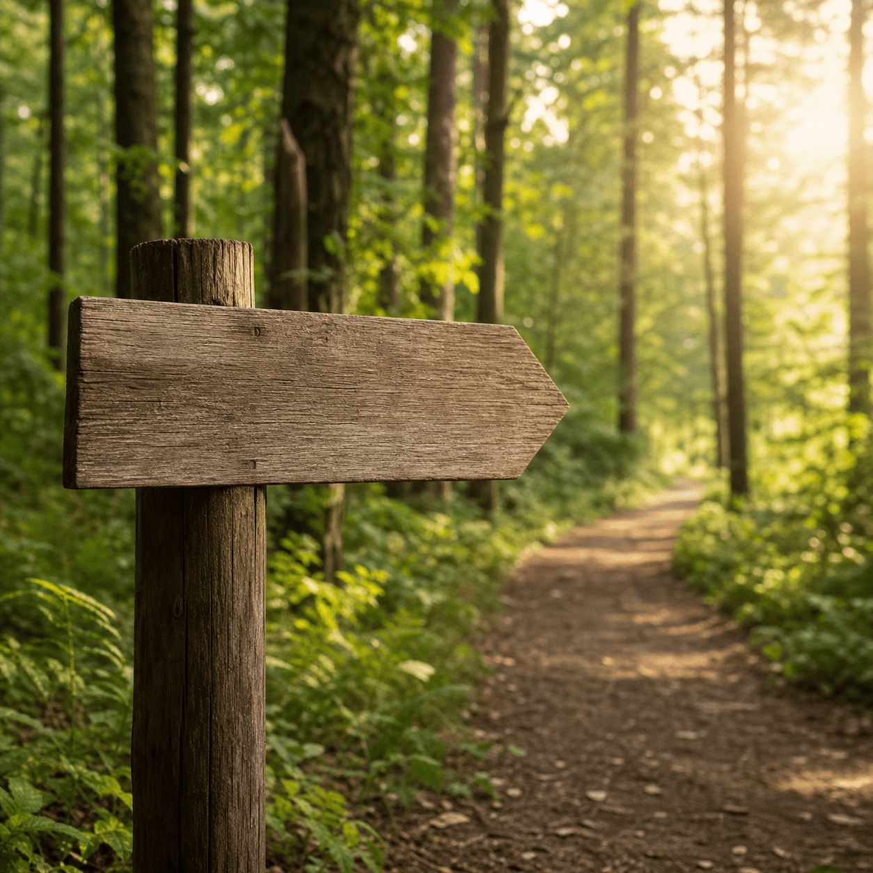 Blank wooden direction sign in a sunlit forest