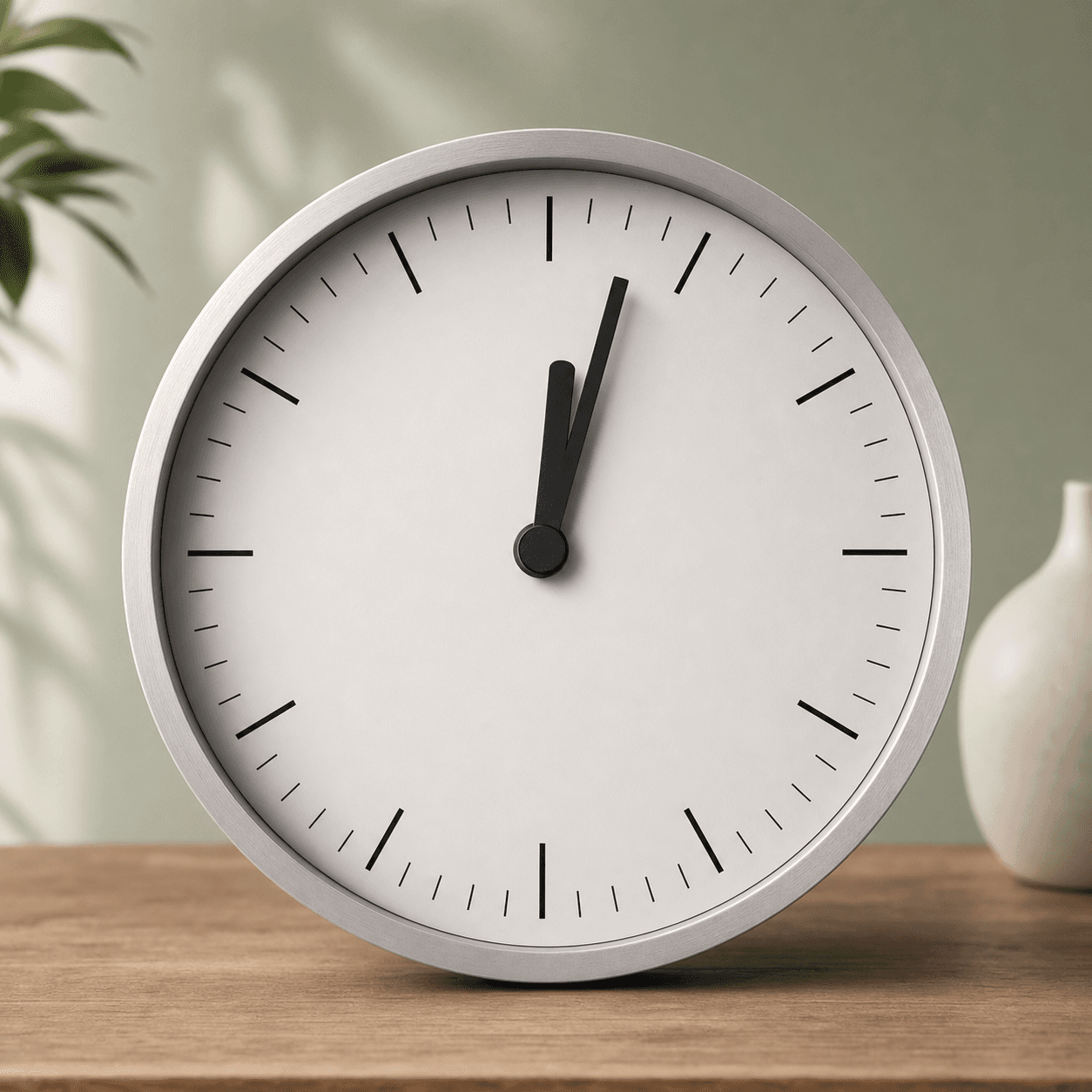 Analogue clock showing time shortly after noon