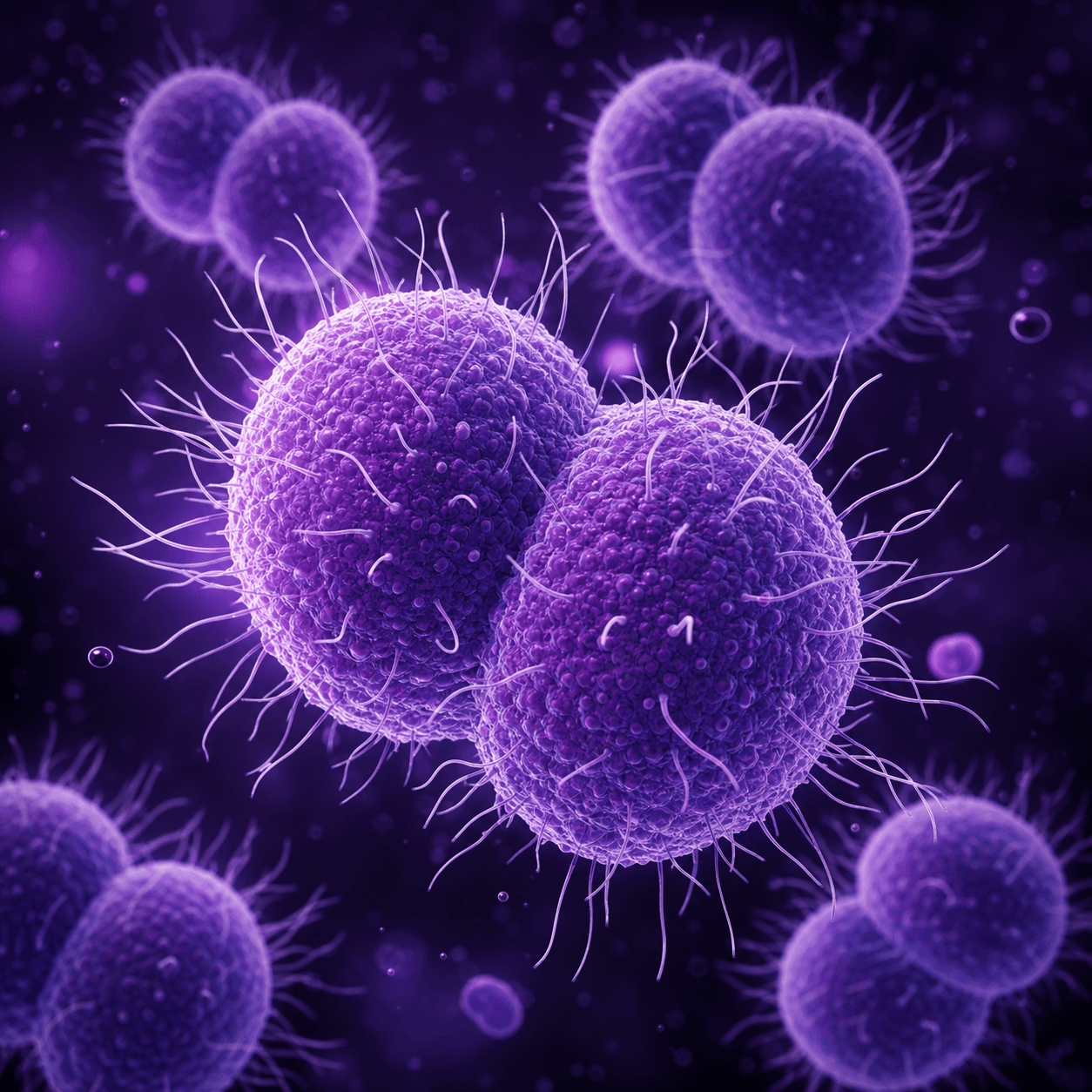 Microscopic purple bacterial illustration associated with gonorrhea