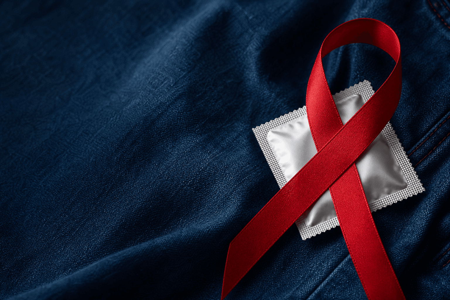 Red awareness ribbon and unbranded condom packet