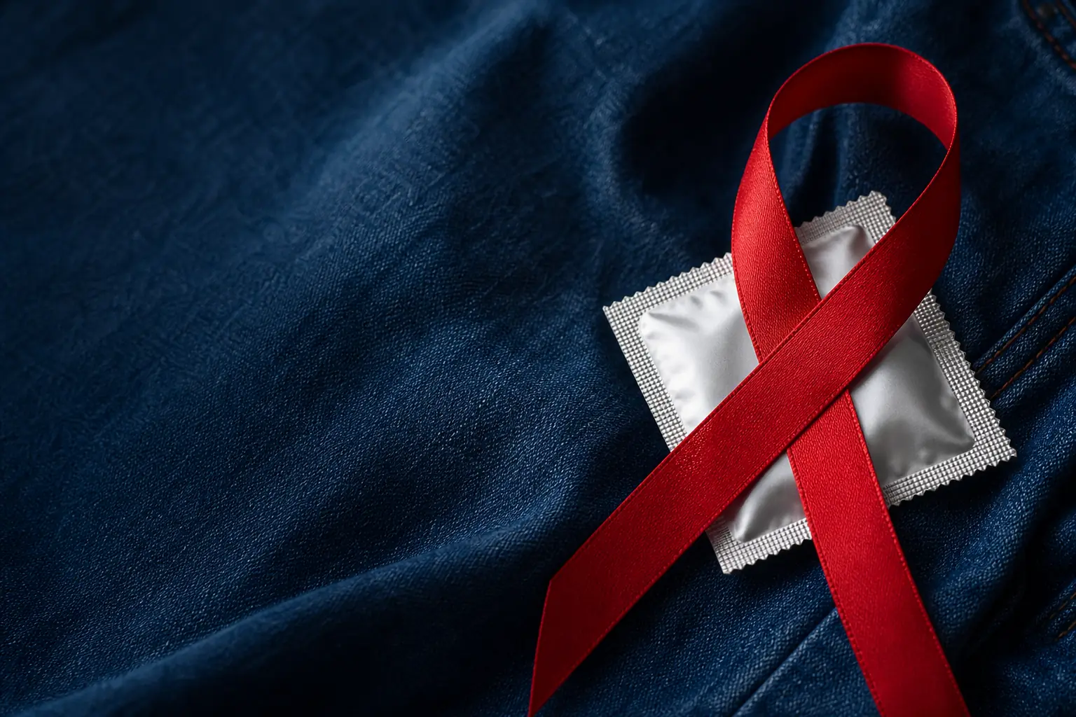 Red awareness ribbon and unbranded condom packet