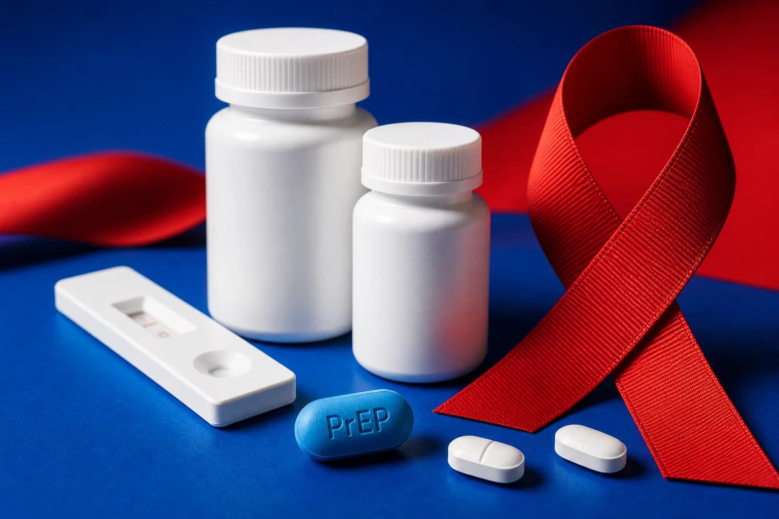 HIV prevention medication, self-test kit, and red awareness ribbon